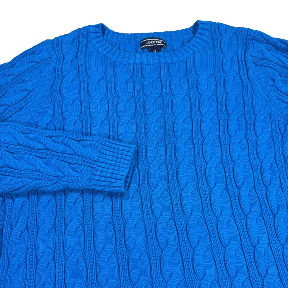 Lands End Drifter Sweater Women's 1X 16w/18w Blue Pullover Cotton Preppy Cable